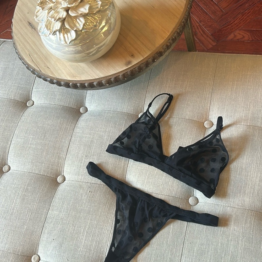 NEW Secret Possessions Black Mesh Polka Dot Two Piece Lingerie Set Size Small